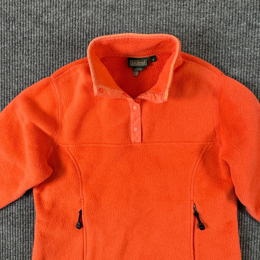 LL Bean Fleece Pullover Women M Orange Snap Front Retro Outdoor Cozy Core Hiking